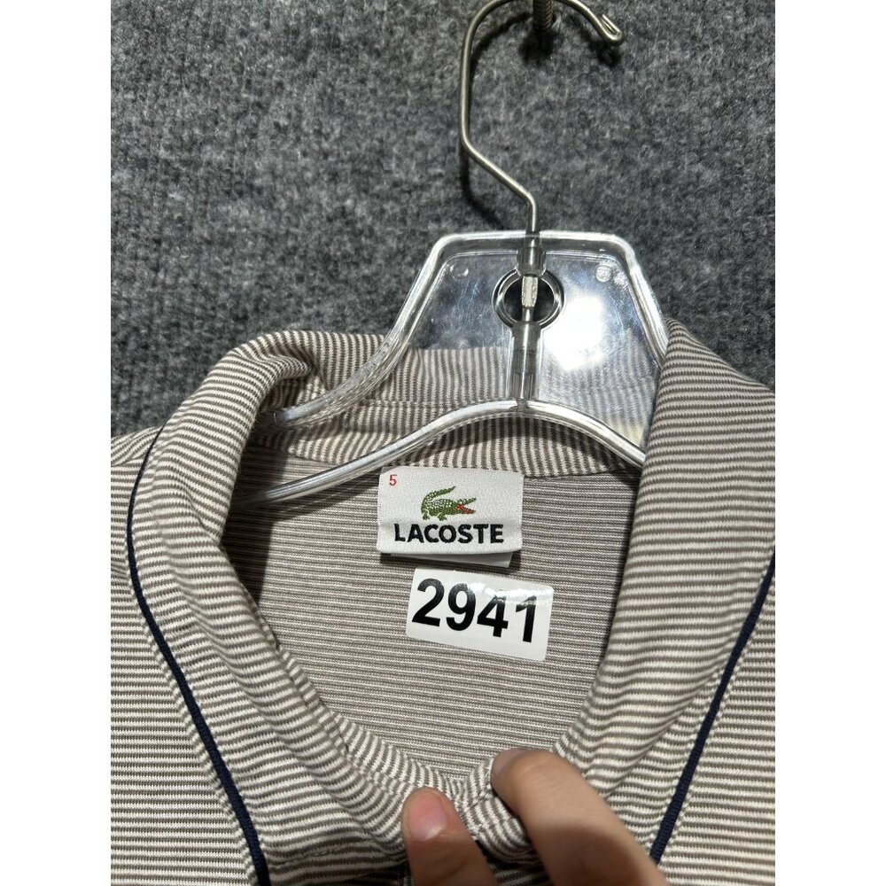 Lacoste Polo Shirt Mens Large Beige Stripe 100% Cotton Croc Logo Short Sleeve 5 - Picture 5 of 7